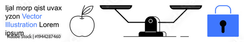 Decision-making, health, security, justice, business concepts, healthy living. Apple, balance scale and lock icon in a minimalistic style. Decision-making and health in illustrations