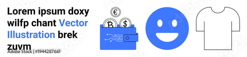 Financial technology, e-commerce, emotion communication, graphic design, branding, retail. Digital wallet with coins, cheerful emoji outlined t-shirt and text. Financial technology and e-commerce