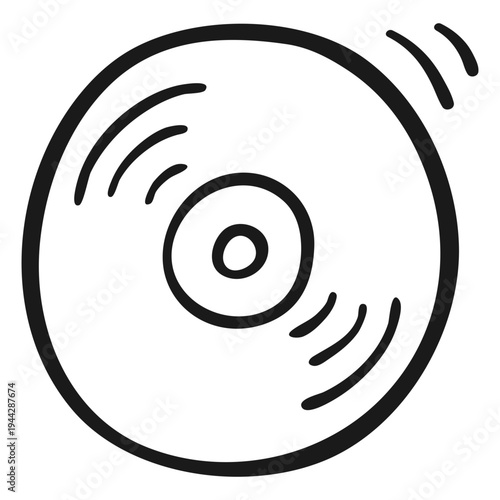 Hand drawn vinyl record disc icon, simple black and white doodle illustration