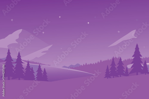 Purple Night Sky Landscape with Mountains and Pine Trees Minimalist Vector Illustration
