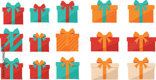 Set of colorful gift box icons with ribbons and bows for birthday celebration Christmas surprise holiday greeting card and flat design
