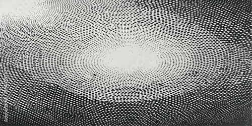 A digital art illustration of a black and white fingerprint pattern featuring a spiral vector design with an optical illusion effect on a round gray metal texture backdrop