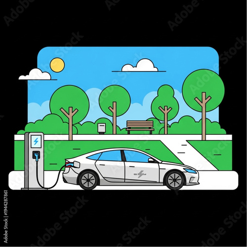 Electric Car Charging at Public Station Outdoors.