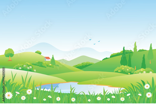 Rolling green hills with a pond and a small house spring landscape cartoon style
