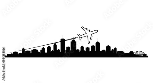 Airplane flying over city skyline silhouette at sunset, travel and transport concept