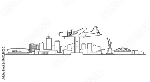 Airplane flying over city skyline with landmarks, illustration