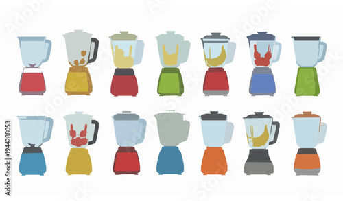 Colorful kitchen blender appliance vector collection with modern smoothie maker illustrations isolated on white