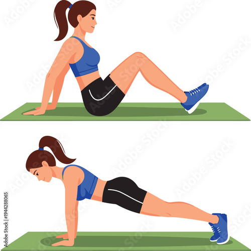 Woman performing pushups on green exercise mat