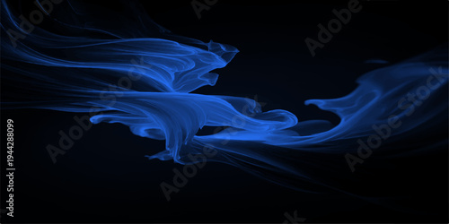 Smooth blue smoke waves and colorful fire flames swirl in a flowing motion against a black background to create an artistic pattern of light and air