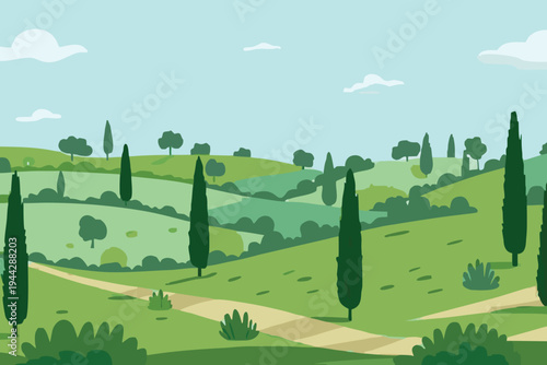 Rolling Green Hills with Cypress Trees and Winding Path Tuscan Landscape Flat Design
