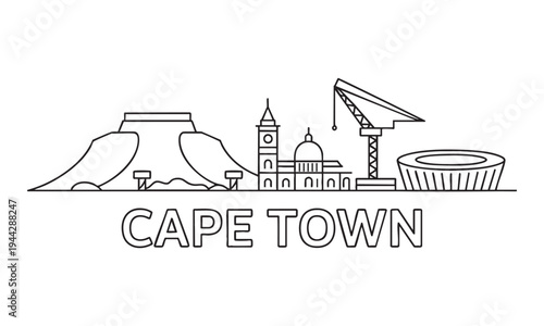 Cape town south africa skyline with famous landmarks and architectural buildings outline illustration