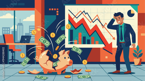 A distressed businessman observes a broken piggy bank spilling money and a stark declining financial graph in a modern office, depicting financial loss and economic downturn.