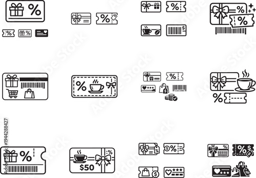 Gift cards and vouchers line icon set with coupon, loyalty card, barcode and retail shopping symbols.