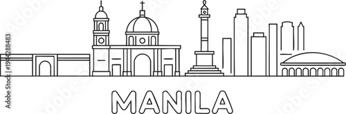 Manila skyline line art illustration featuring historical landmarks and cathedral in city