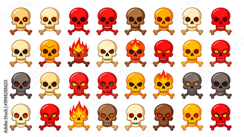 Set of various cartoon skull and crossbones icons with different styles like cute, angry, bloody, fire, and cracked, ideal for Halloween, horror, or toxic designs