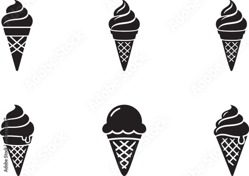 Ice cream icon set with sweet dessert cone and scoop symbols for food, cafe, menu and summer design.