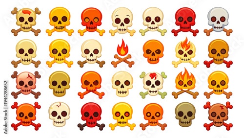 Set of various cartoon skull and crossbones icons with different styles like cute, angry, bloody, fire, and cracked, ideal for Halloween, horror, or toxic designs