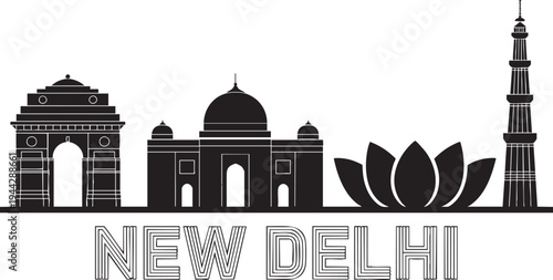 New Delhi skyline silhouette India Gate Lotus Temple Qutub Minar skyscrapers