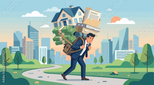 A stressed businessman walks under the weight of a house, money, and documents, representing financial debt and responsibility, on a path in a vibrant urban park with a city skyline at sunset.