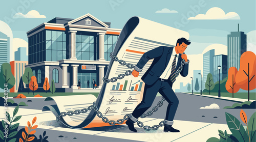 An illustrated businessman, visibly burdened, struggles to walk while chained to a large financial document or contract on a city street, with a bank building in the background.