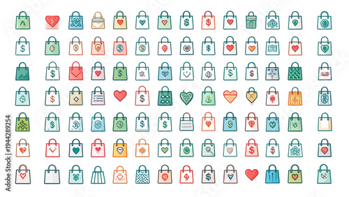  Collection of linear shopping bag icons, various retail and commerce symbols with heart, money, and pattern designs, purchase and sale concept