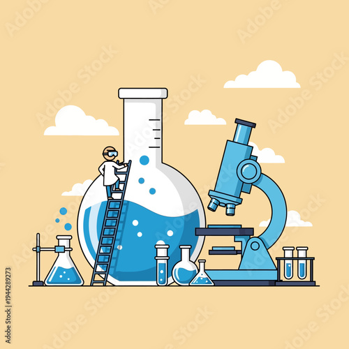Scientist with Ladder in Laboratory with Microscope and Flasks