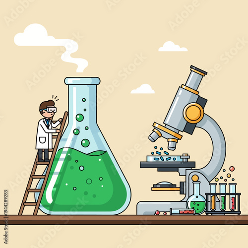 Scientist with Microscope and Large Flask, Laboratory Research, Science Experiment