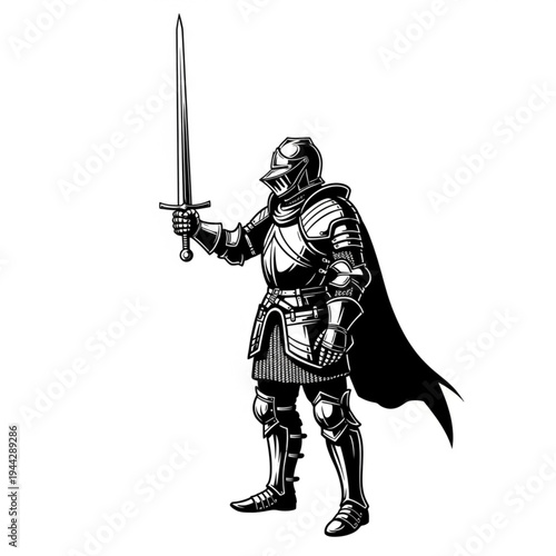 Medieval Knight Standing with Sword and Cape.