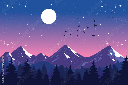 Snow-capped mountains under starry twilight sky with moon and flying birds digital illustration