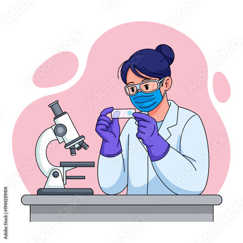 Scientist in protective gear examines a slide under a microscope for research