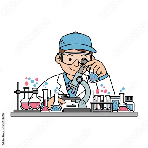 Scientist looking through microscope in laboratory with colorful liquids and equipment