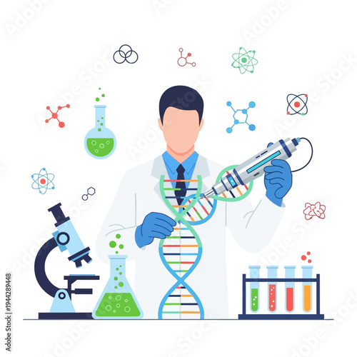 Scientist manipulating DNA helix with gene editing tool, laboratory research, biotechnology concept