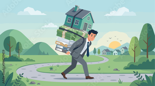 A distressed businessman heavily burdened by a house, money, and documents walks a winding path through a serene landscape, depicting the immense stress of financial and work responsibilities.