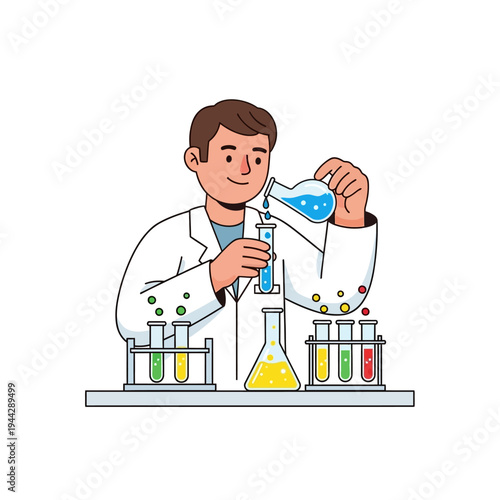 Scientist pouring liquid into test tube, conducting experiment in laboratory, science research