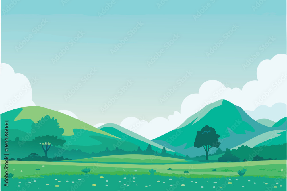 Fototapeta premium Stylized Green Rolling Hills Landscape with Trees and Clouds Bright Daytime Sky