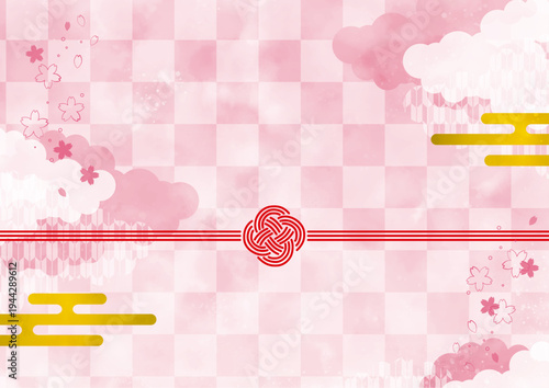 和風の背景素材　桜と水引　横