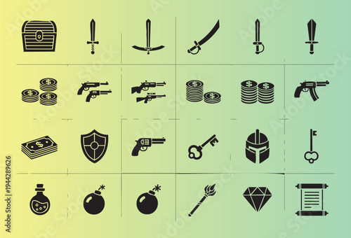 Collection of flat icon designs for treasure adventure and weapons