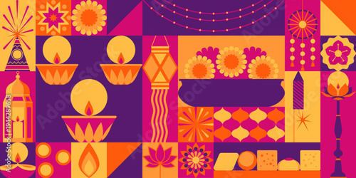 Happy Diwali festival of lights celebration banner with Holiday icons