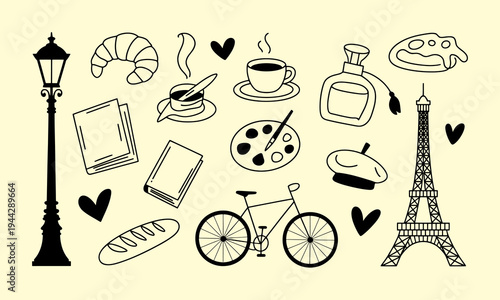 A charming collection of hand drawn parisian icons including food landmarks and artistic elements