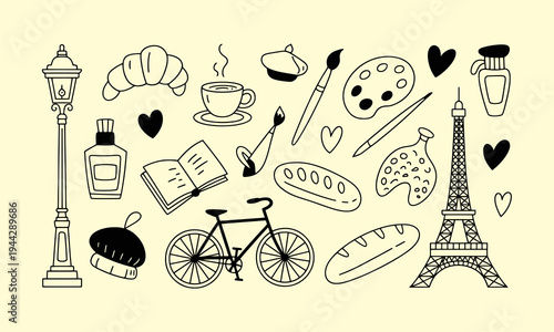 A charming collection of parisian themed doodles including art supplies food and iconic landmarks