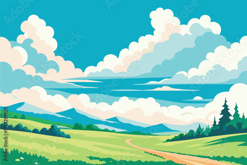 Stylized Landscape with Rolling Hills Winding Path and Cumulus Clouds Flat Design
