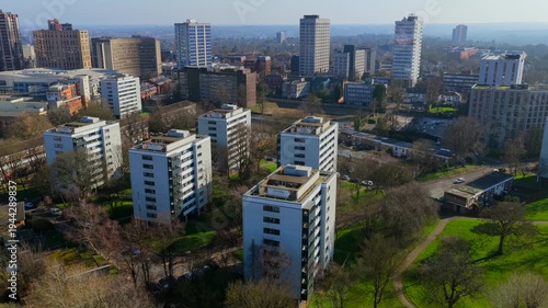 Aerial view of Chamberlain Gardens and Ladywood residential area in Birmingham UK. 