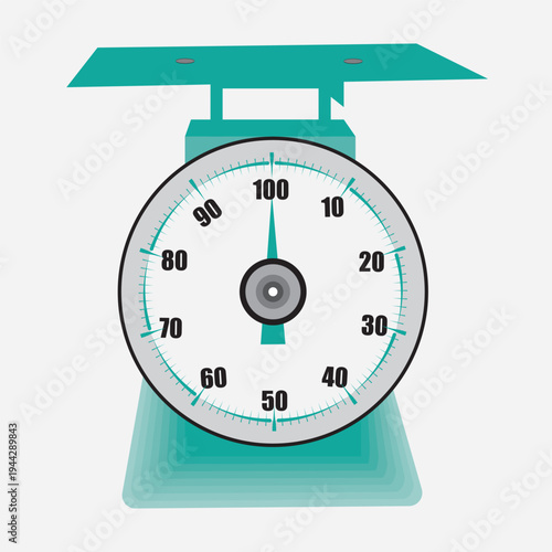 Minimal kitchen weighing scale illustration with analog dial, measuring food and ingredients. Flat vector design for cooking, baking, and kitchen themes.