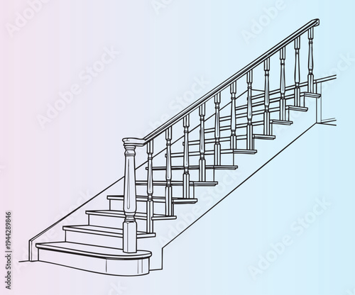 Detailed line art illustration of a classic wooden staircase design