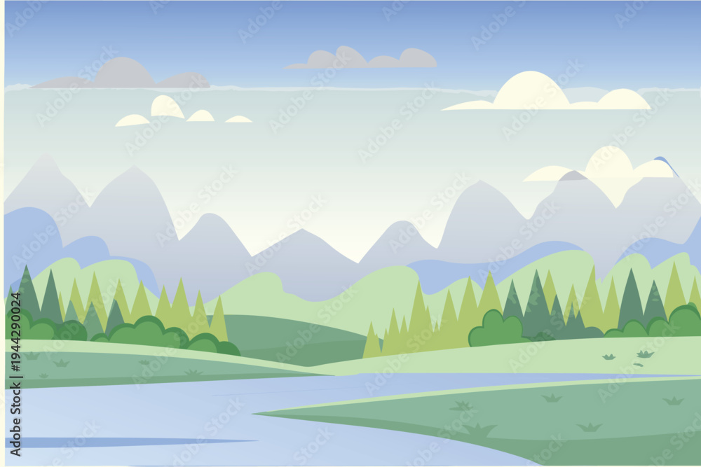 Fototapeta premium Stylized River Landscape with Mountains and Clouds Flat Design Nature Background
