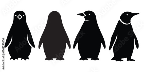 Penguin bird silhouettes set showing different angles and poses for arctic wildlife nature design and animal education