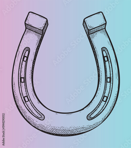 Illustrated horseshoe with detailed engraving and texture isolated