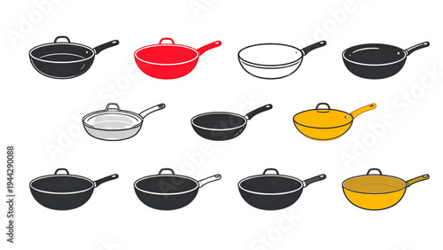 Set of nine vector icons and illustrations of various frying pans in line, glyph, and color styles, for cooking, kitchenware, and culinary concepts.
