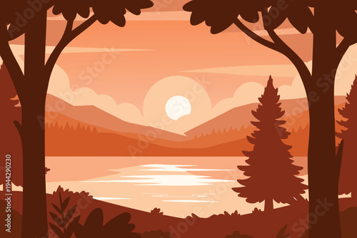 Sunset over lake with trees and mountains flat design illustration
