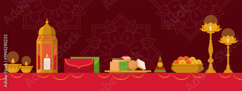 Diwali celebration at home with Diya lamps and decorations on a table